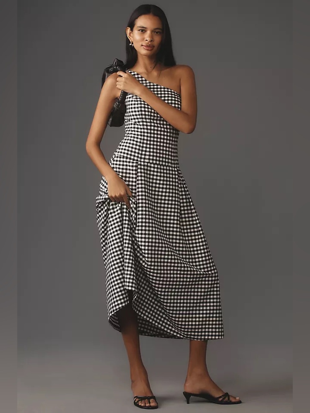 By Anthropologie Black & White One-Shoulder Drop Waist Gingham Dress Small